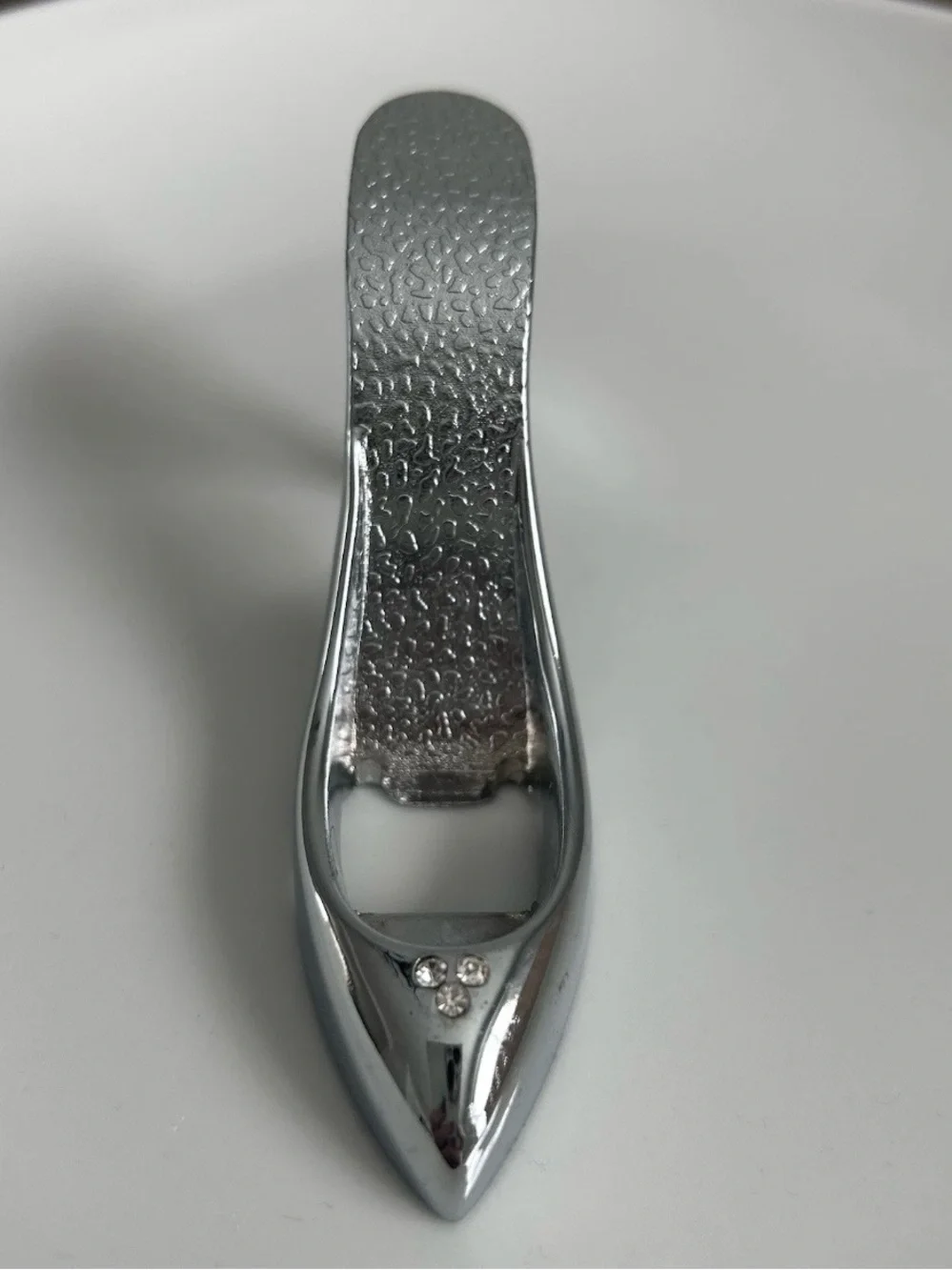 VNTG Silver Tone High Heel Shoe Bottle Opener Rhinestone Accents Cinderella Gift